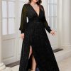 Plus Size Sparkly Formal Maxi Dress Long Sleeve Deep V-Neck Mesh Dresses with Slit Cocktail Wedding Evening Gown