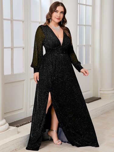 Plus Size Sparkly Formal Maxi Dress Long Sleeve Deep V-Neck Mesh Dresses with Slit Cocktail Wedding Evening Gown