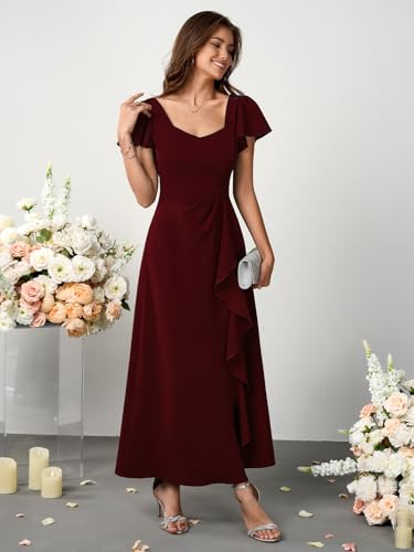 Womens Long Semi Formal Cocktail Dresses Square Neck Split Elegant Evening Party Gowns Ruffle Wedding Guest Dress