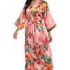 Womens Silk Kimono Robe Long Floral Bridesmaids Robe Satin Wedding Party Bridal Robe Dressing Gown Loungewear