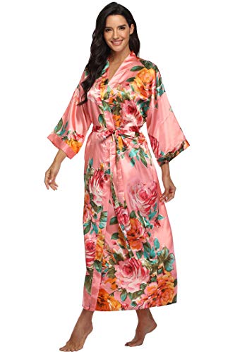 Womens Silk Kimono Robe Long Floral Bridesmaids Robe Satin Wedding Party Bridal Robe Dressing Gown Loungewear