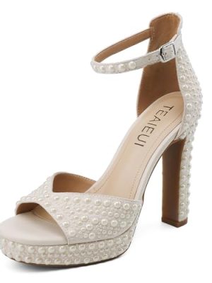 Pearl Rhinestone Heels Platform Block Sandals for Women Wedding Sandals for Bride Chunky Heels Bridal Shoes with Ankle Strap