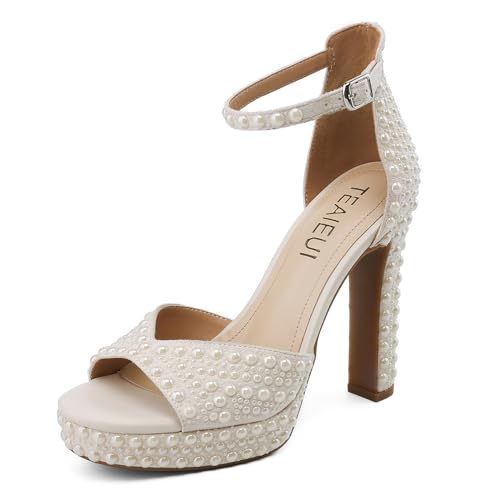 Pearl Rhinestone Heels Platform Block Sandals for Women Wedding Sandals for Bride Chunky Heels Bridal Shoes with Ankle Strap