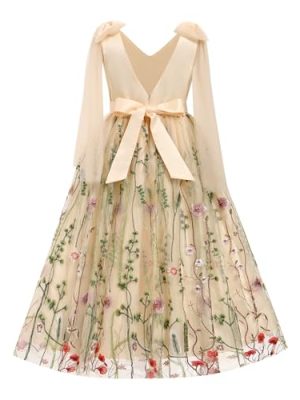 Flower Girl Maxi Dress Wedding Formal Bridesmaid Floral Embroidered Tulle Skirt Princess Pageant First Communion Gown
