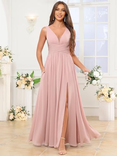 Chiffon Bridesmaid Dresses for Women Long V Neck Formal Evening Dresses with Slit
