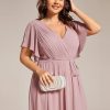 Women's Chiffon Short Sleeves A-Line V-Neck Empire Waist Floor Length Plus Size Formal Bridesmaid Dress