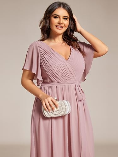 Women's Chiffon Short Sleeves A-Line V-Neck Empire Waist Floor Length Plus Size Formal Bridesmaid Dress