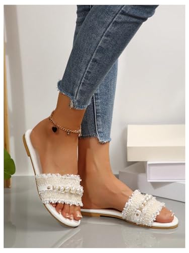 Women's Pearls Chain Flat Sandals Dressy Open Toe Slip On Flats Summer Casual Outdoor Slide Sandals