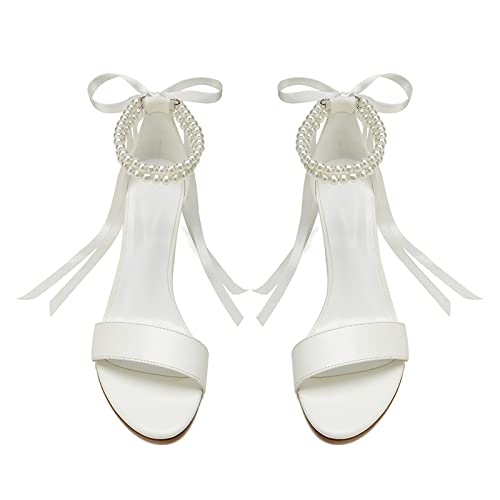 Women's Open Toe Block Heel Pearl Wedding Shoes for Bride Chunky Heeled Sandals Bridal Shoes Pumps