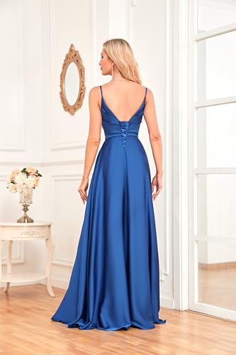 Bridesmaid Dresses with Slit Satin A Line Spaghetti Strap Formal Prom Evening Party Gown with Pocket 023
