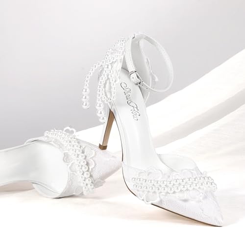 ShowHow Women's High Heels Stiletto Closed Pointed Toe Heels Pearl Lace Wedding Shoes Ankle Strap Pumps Bridal Party Wedding