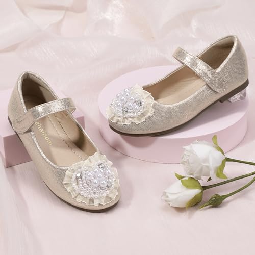 Hehainom Toddler Flower Girl Dress Shoes Rhinstones Pearls Mary Jane Ballet Flats Wedding Party Toddler Little Kid Princess