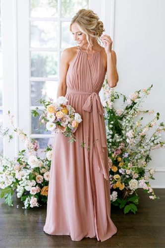 Women's Halter Chiffon Bridesmaid Dresses Long Simple A-Line Evening Formal Dresses with Belt CYM032