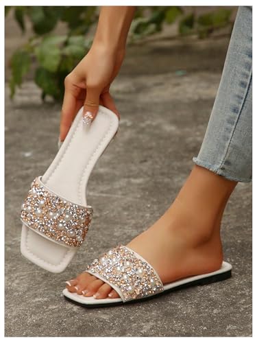 Women's Glitter Jeweled Slippers Sparkly Pearls Beaded Sandals Open Toe Slide Shoes