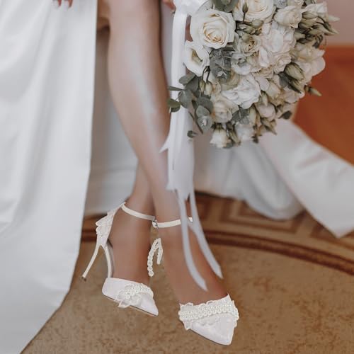 ShowHow Women's High Heels Stiletto Closed Pointed Toe Heels Pearl Lace Wedding Shoes Ankle Strap Pumps Bridal Party Wedding