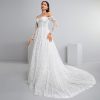 Women's Elegant Off-Shoulder Wedding Dress with French Lace Long Sleeves Floor-Length A-Line Bridal Gown for Engagement