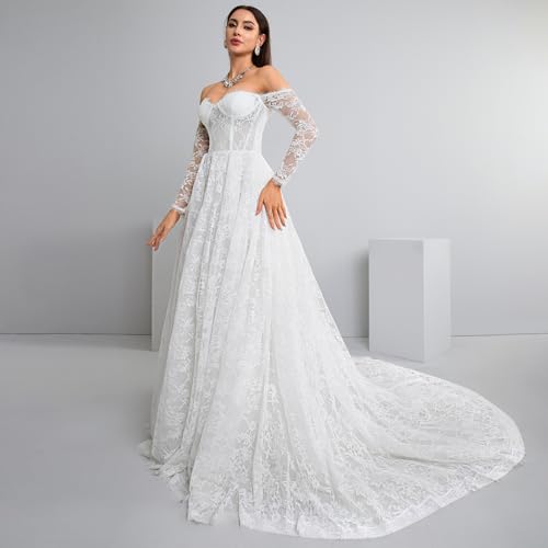 Women's Elegant Off-Shoulder Wedding Dress with French Lace Long Sleeves Floor-Length A-Line Bridal Gown for Engagement
