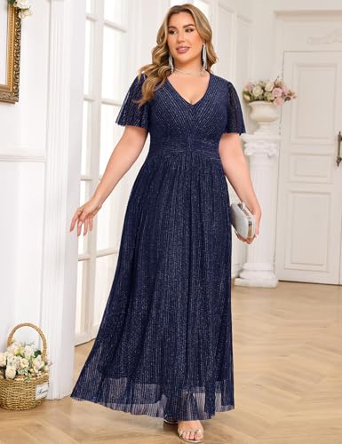 Plus Size Maxi Formal Dress Sparkly V-Neck A-line Ruffle Sleeves Evening Gown Cocktail Prom Lace