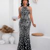 Women Sexy Elegant Sequin Tassel Off Shoulder Halter Bodycon Maxi Dress Party Evening Gown Formal Dress
