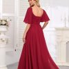 Women's Flutter Sleeves Chiffon Bridesmaid Dresses with Slit Long A Line V-Neck Formal Party Dress with Pockets
