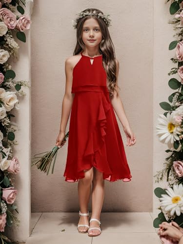 Kids A-Line Halter Neck Chiffon Junior Bridesmaid Dresses Fancy Girl Dress Wedding Elegant Party Gown 5-14 Years