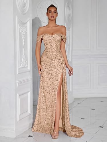 Evening Gowns Formal Dresses for Women Sequin Tulle Wedding Guest Cocktail Party Sexy Off Shoulder Floor Length Prom Dress