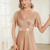 Women's Evening Gowns V Neck Ruched Short Sleeves A-line Glitter Formal Dresses