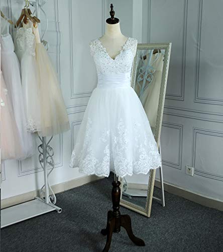 Short Lace Wedding Dresses Knee Length Travel Tulle Rhinestones V-Neck Lace Up Bride Gowns Vintage Dress