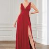 Women's Bridesmaid Dresses Deep V-Neck Sleeveless Side Slit Floor Length Wedding Guest Dress 0168B