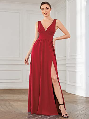 Women's Bridesmaid Dresses Deep V-Neck Sleeveless Side Slit Floor Length Wedding Guest Dress 0168B