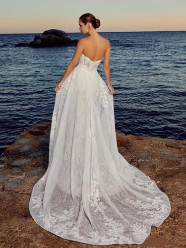 Strapless Beach Wedding Dresses Sexy Bridal Gown Lace Robe Backless Vintage Vestidos De Novia with Detachable Train