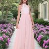 Chiffon Junior Bridesmaid Dress for Wedding Lace Applique Halter Sleeveless A-Line Long Formal Flower Girl Dress
