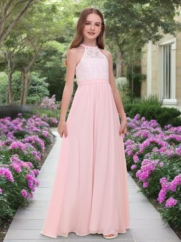 Chiffon Junior Bridesmaid Dress for Wedding Lace Applique Halter Sleeveless A-Line Long Formal Flower Girl Dress