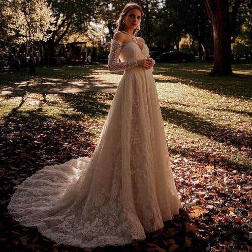 Women's Elegant Off-Shoulder Wedding Dress with French Lace Long Sleeves Floor-Length A-Line Bridal Gown for Engagement