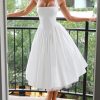 Women Summer Halter Dress Low Cut Sleeveless A Line Tulle Swing Flowy Tea Length Dress Corset Prom Formal Ball Gowns
