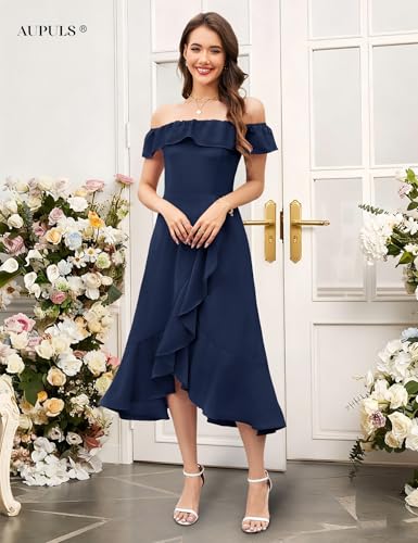 Women Off Shoulder Fall Wedding Guest Dress High Low Ruffle Chiffon Formal Dresses for Bridesmaid