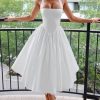 Women Summer Halter Dress Low Cut Sleeveless A Line Tulle Swing Flowy Tea Length Dress Corset Prom Formal Ball Gowns