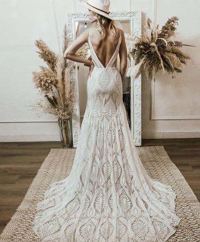 Women's Boho Lace Wedding Dress Removable Cold Sleeves V Neck Sheath Long Casual Bridal Gowns