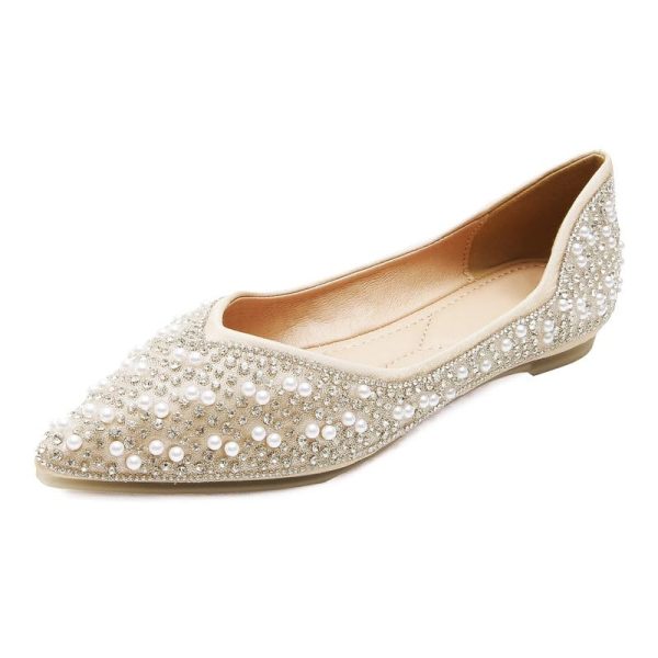 Women's Rhinestone Flats Fashion Pointed Toe Pearl Diamond Low Heel Dress Wedding Flats Work Business Casual Flats Shoes