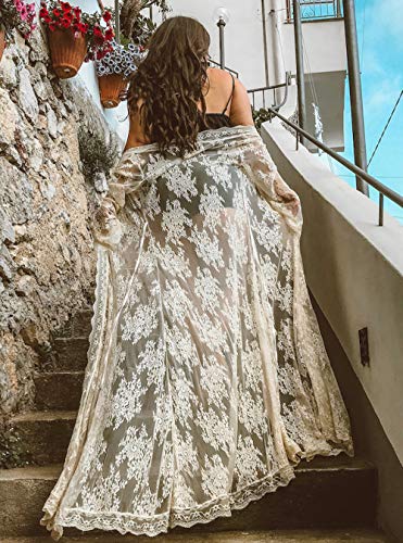 Women Sexy Long Lace Dress Sheer Gown See Through Lingerie Kimono Robe Swimsuit Cover Up