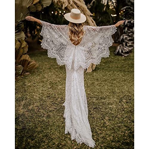 Boho Wedding Dresses for Bride Lace Mermaid Bridal Dress V Neck Cape Sleeve Beach Bohemian Vintage Wedding Gown