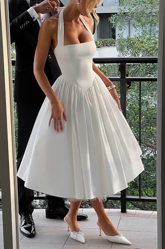 Women Summer Halter Dress Low Cut Sleeveless A Line Tulle Swing Flowy Tea Length Dress Corset Prom Formal Ball Gowns
