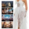 Tulle Prom Dresses for Women, Glitter Lace A Line High-Low Ruffled,Corset Party White Tulle Gown with Slit