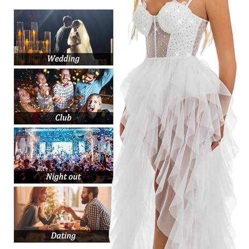 Tulle Prom Dresses for Women, Glitter Lace A Line High-Low Ruffled,Corset Party White Tulle Gown with Slit
