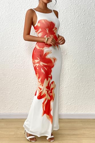 Womens Summer Dresses 2025 Elegant Spaghetti Straps Evening Gown Floral Print Bodycon Maxi Mesh Sundress
