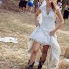 Women's High Low Country Wedding Dress for Bride V Neck Lace Bridal Gowns