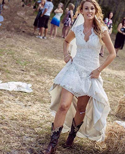 Women's High Low Country Wedding Dress for Bride V Neck Lace Bridal Gowns