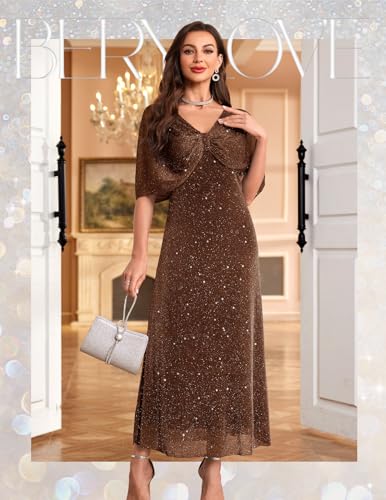 Sequin Formal Mother of The Bride Dress Cocktail Evening Wedding Dresses with Shawl