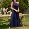 Women's Formal Elegant Wedding Guest Dresses One Shoulder A Line Maxi Cocktail Slit Dress