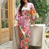 Womens Silk Kimono Robe Long Floral Bridesmaids Robe Satin Wedding Party Bridal Robe Dressing Gown Loungewear
